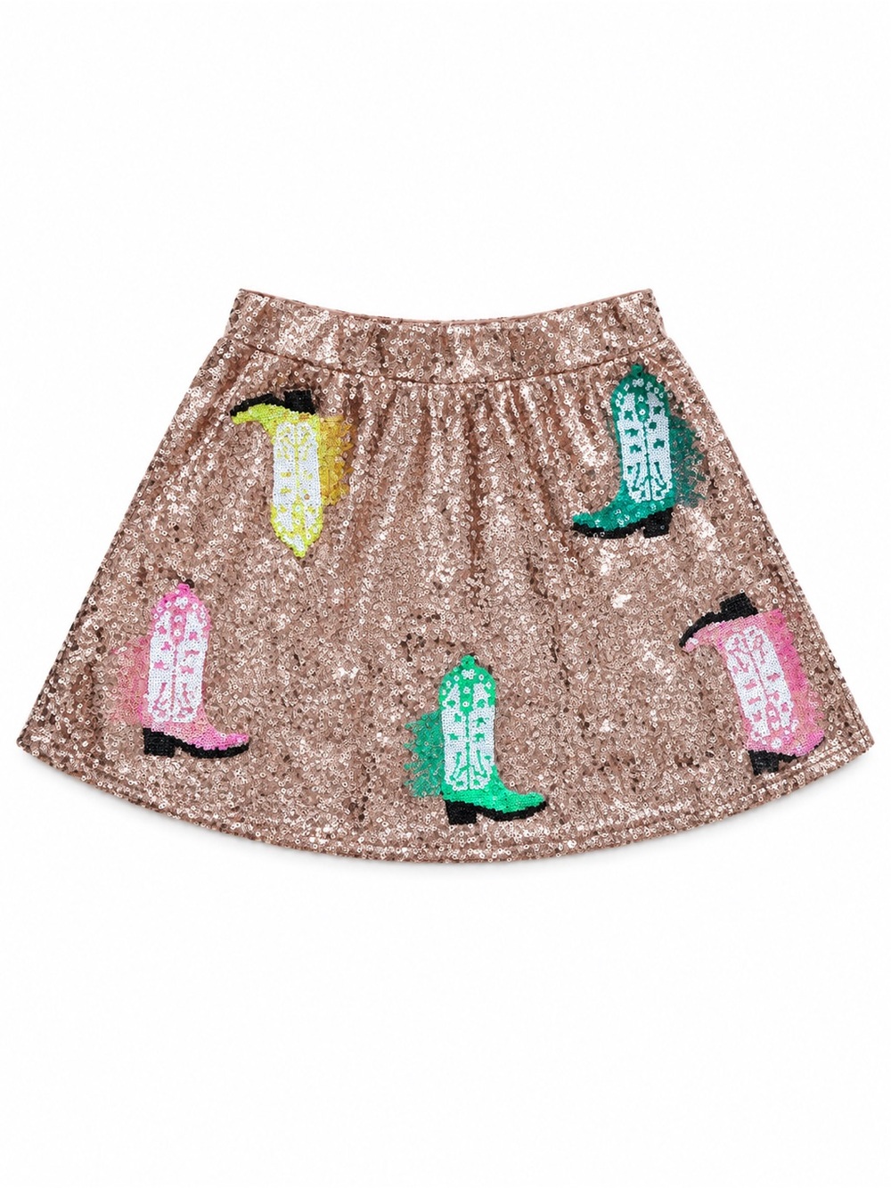 Rose Gold Allover Sequin Pink Green Yellow Cowboy Boot Lined Stretchy Mini Skirt